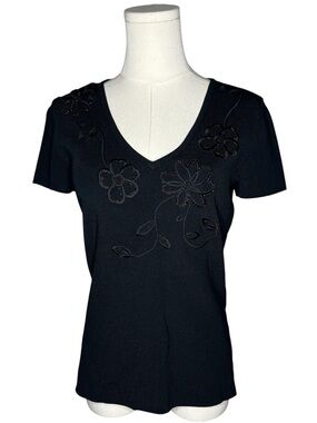 Y2K Cable & Gauge Black Stretch Knit Floral Beaded Embroidered Whimsigoth Top